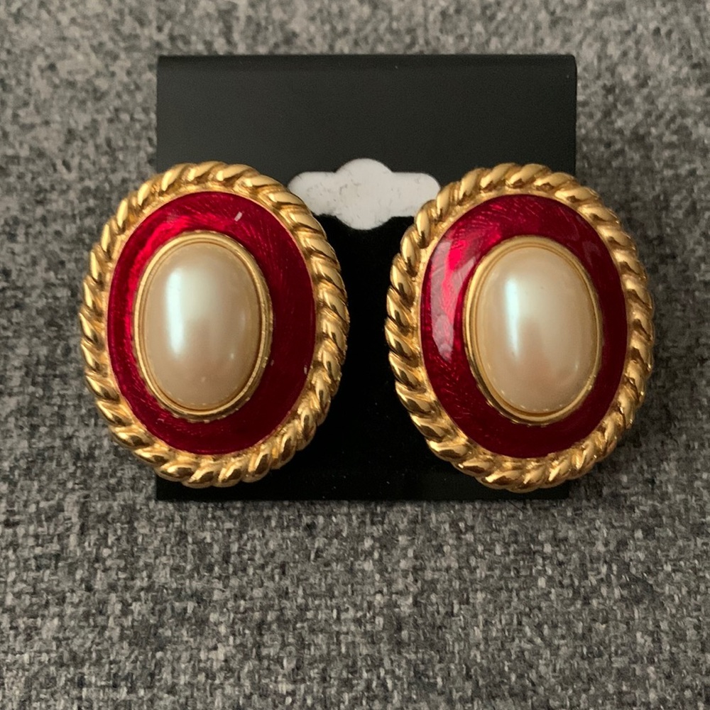 Vintage 90’s statement pearl and red enamel pierced earrings w rope detailing